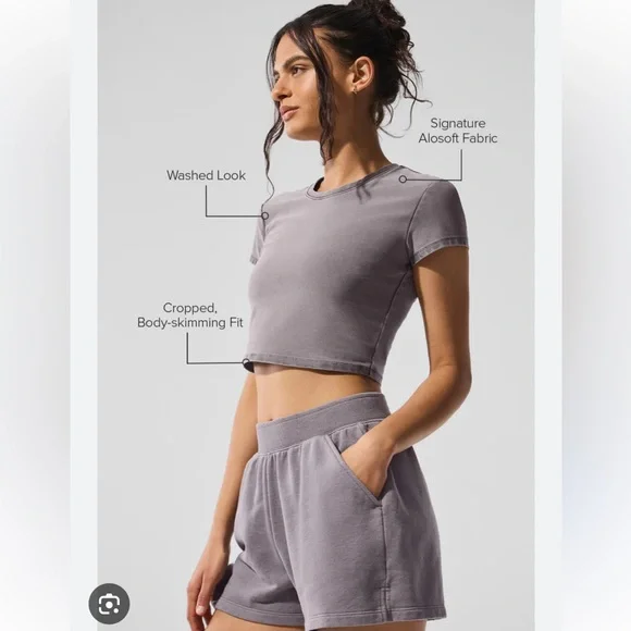 Alo Crop Finesse Short Sleeve, Cool Grey Wash, Small - Picture 3 of 4